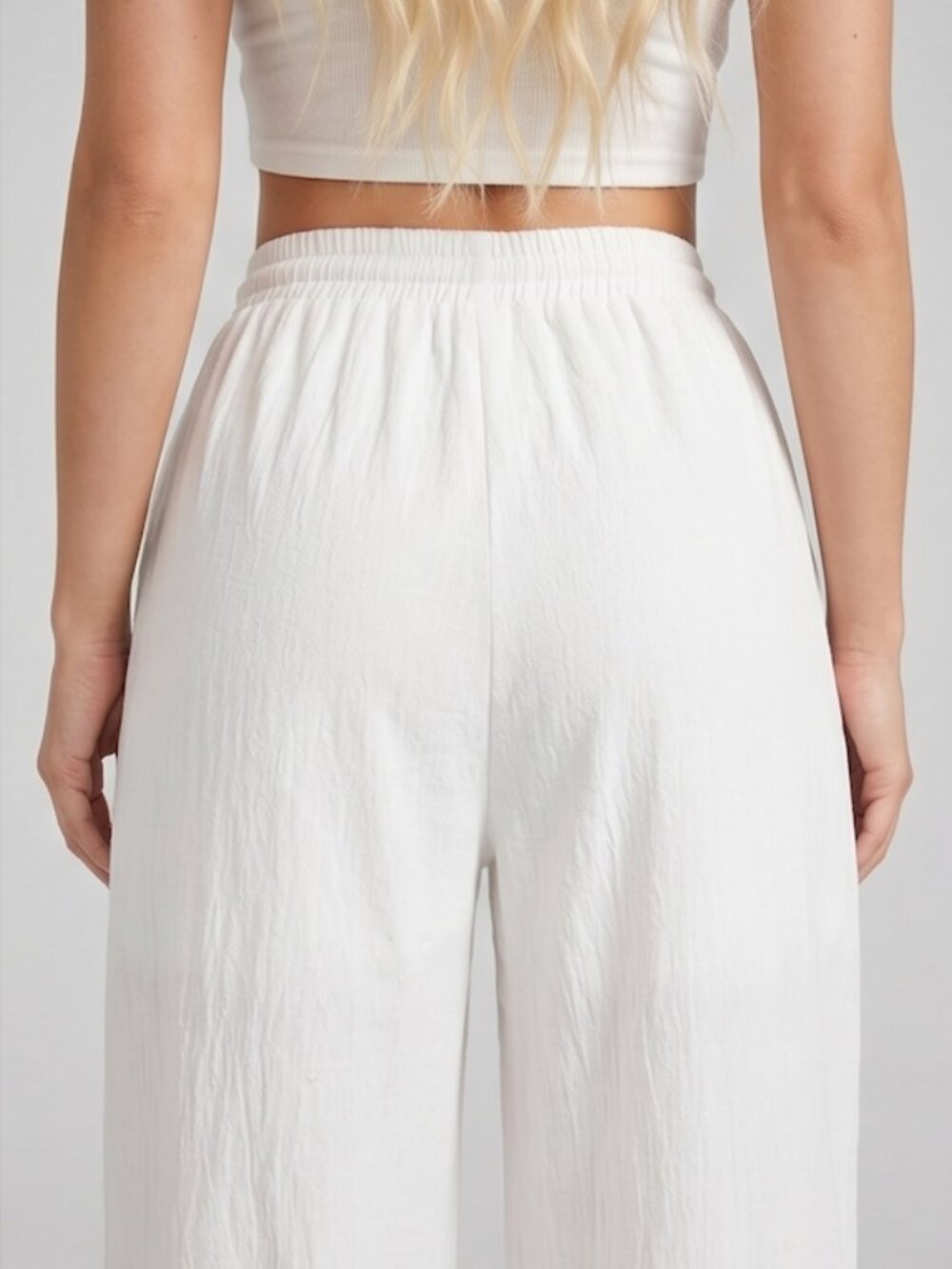 100% Cotton Drawstring Waist Wide Leg Pants White - Picture 3 of 7
